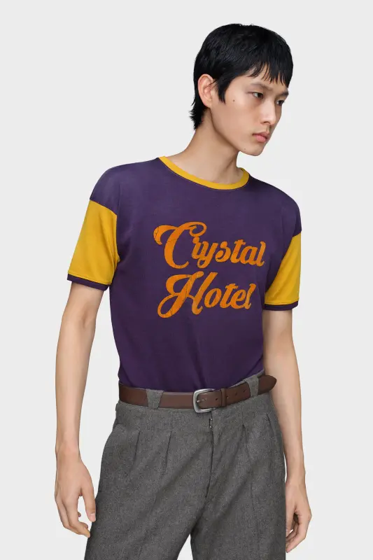 Maison Margiela Mens Purple Viscose Varsity T-Shirt Purple and yellow online